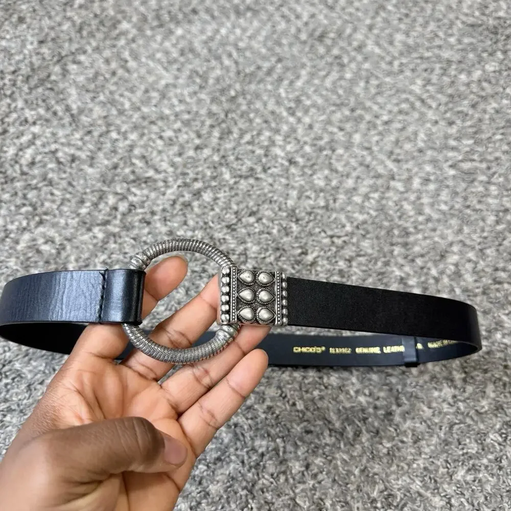Chico’s Womens Black Leather Belt Adjustable Silver Buckle Size M/L Boho